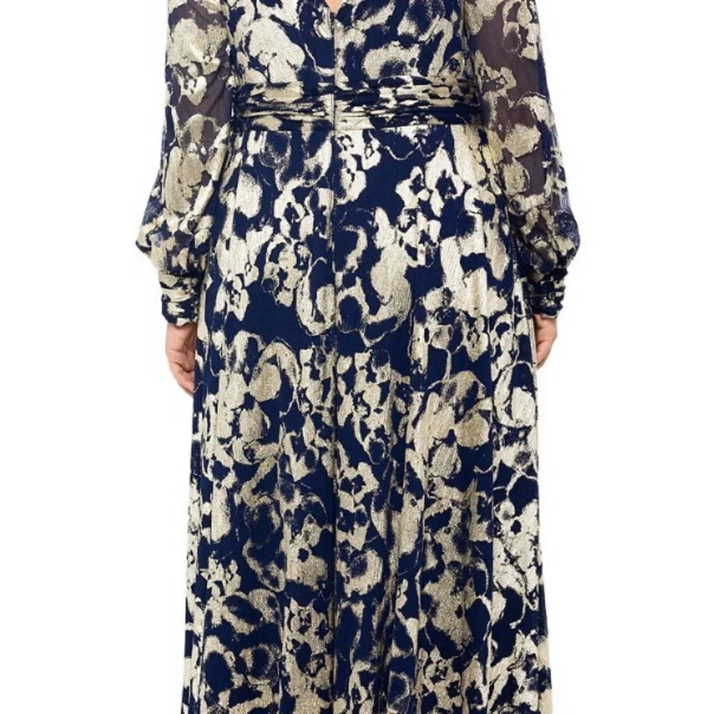 Betsy & Adam Blue&Gold V-neck Foil Mesh A-line Dress - Picture 2 of 5